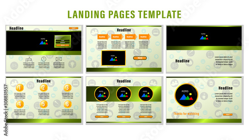 Set Landing pages with gradient metal green rectangular strips and orange color elements, photo frames template with the background of the icons. Business presentation vector illustration.