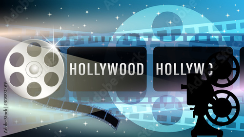 Hollywood web banner, film strip frame, metal movie reel, light effects, silhouette of a movie projector on dark blue starry sky. Realistic 3d vector illustration.