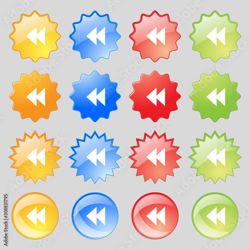 rewind icon sign. Big set of 16 colorful modern buttons for your design.