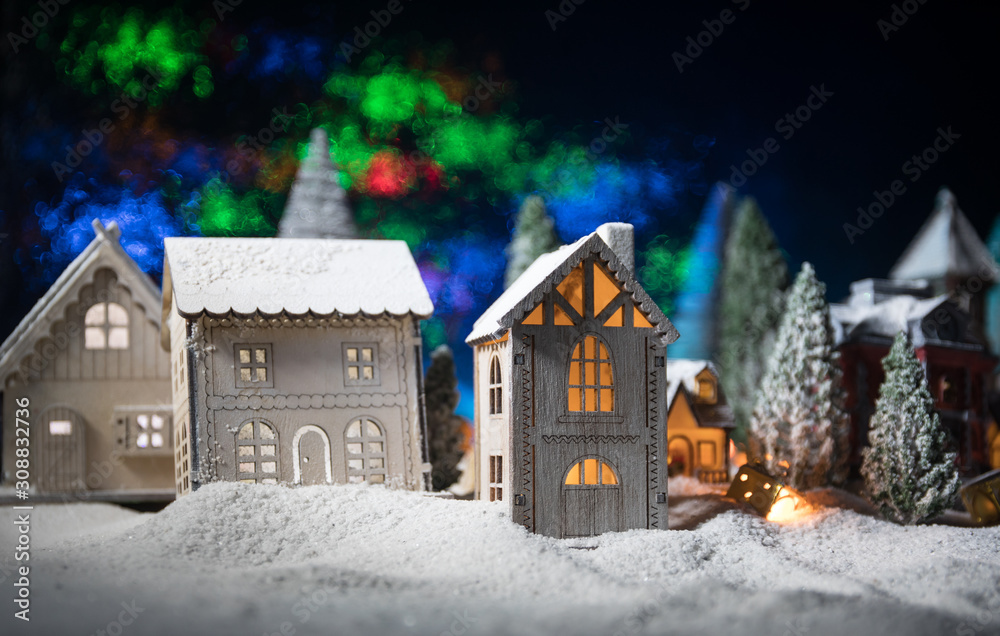 Traditional holiday attributes on snow. Creative artwork decorations. Empty space for your text
