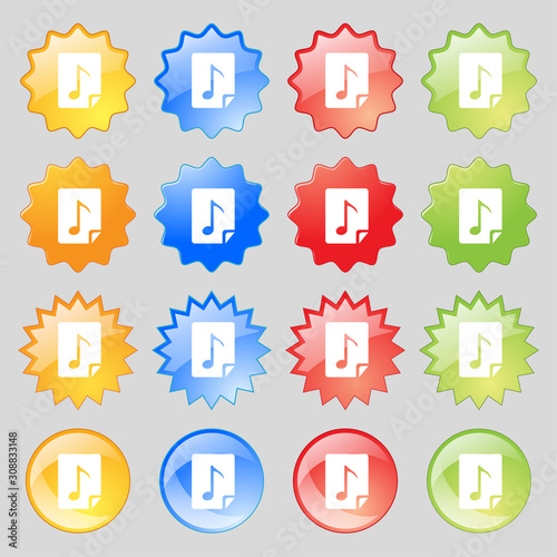 Audio, MP3 fileicon sign. Big set of 16 colorful modern buttons for your design. photo