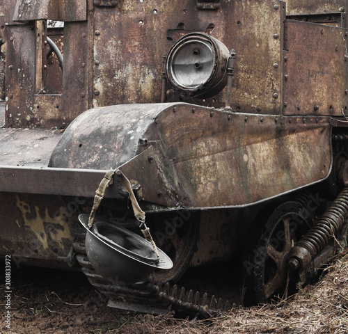 World War era Brodie helmet and Universal or Bren Carrier detail