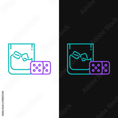 Green and purple line Game dice and glass of whiskey with ice cubes icon isolated on white and black background. Casino gambling. Vector Illustration