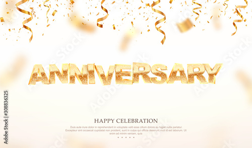 Golden anniversary word 3d vector illustration. Birthday celebration banner template with confetti falling down on white background