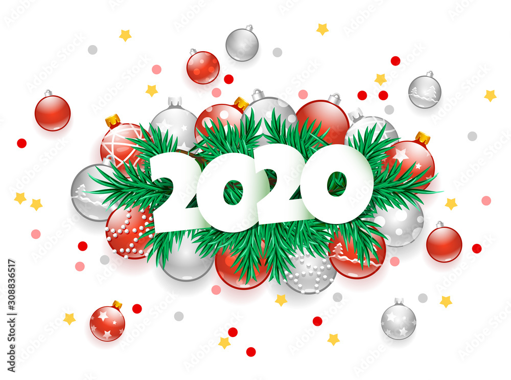 vector illustration Christmas winter holidays 2019 with fir branches and red grey glass balls and confetti on a white background