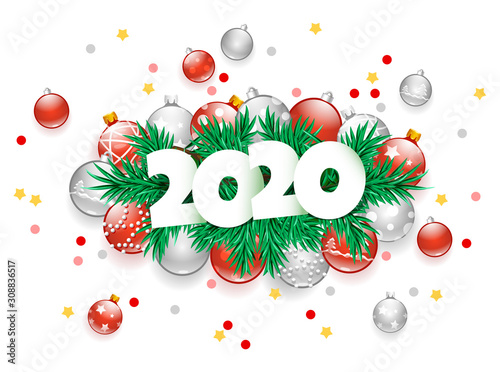 vector illustration Christmas winter holidays 2019 with fir branches and red grey glass balls and confetti on a white background