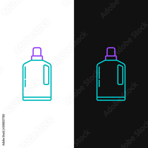 Green and purple line Plastic bottle for liquid laundry detergent, bleach, dishwashing liquid or another cleaning agent icon isolated on white and black background. Vector Illustration