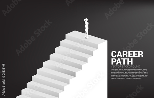 Silhouette of businesswoman standing on top of stair. Concept of people ready to up level of career and business.