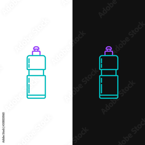 Green and purple line Plastic bottle for liquid laundry detergent, bleach, dishwashing liquid or another cleaning agent icon isolated on white and black background. Vector Illustration
