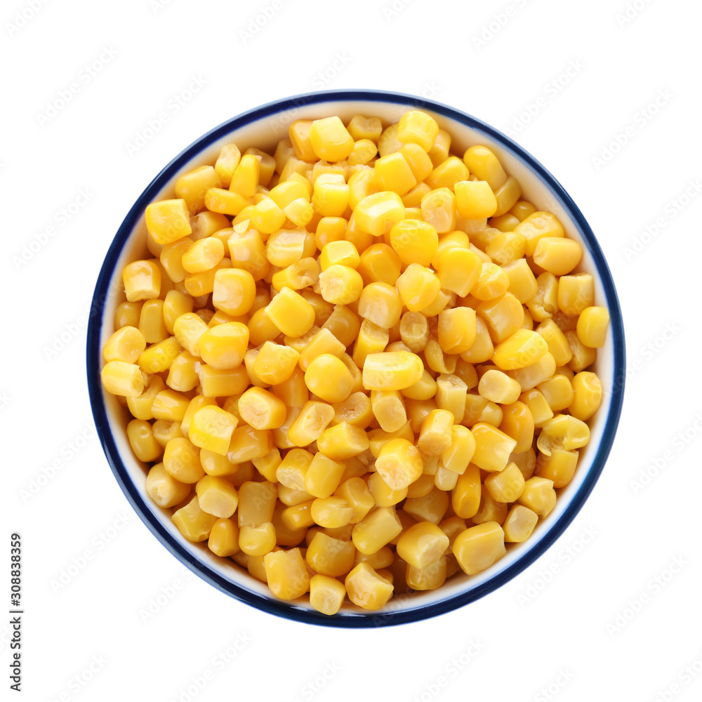 Delicious canned corn in bowl isolated on white, top view Delicious canned corn in bowl isolated on white, top view
