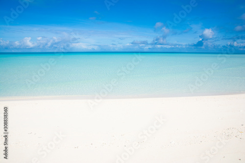 Fototapeta Naklejka Na Ścianę i Meble -  3 colors view of Ocean, sky blue, aqua blue and white beach sand, Kayangel state, Palau, Pacific