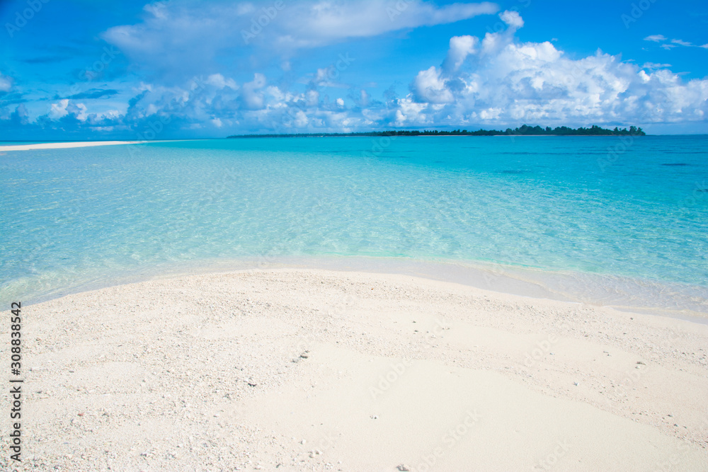 Main island, white long beach and blue ocean, tropical resort, Kayangel state, Palau, Pacific
