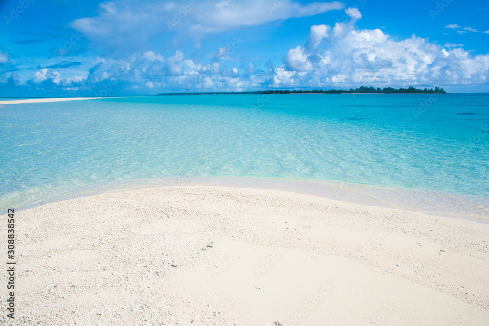 Main island, white long beach and blue ocean, tropical resort, Kayangel state, Palau, Pacific Main island, white long beach and blue ocean, tropical resort, Kayangel state, Palau, Pacific