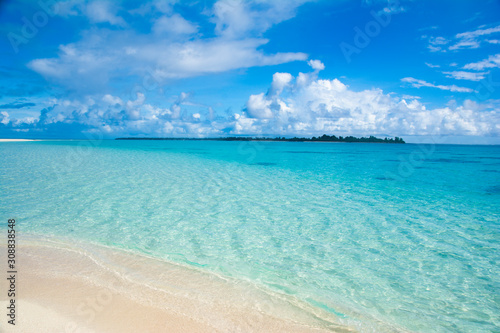 Fototapeta Naklejka Na Ścianę i Meble -  Main island, white long beach and blue ocean, tropical resort, Kayangel state, Palau, Pacific