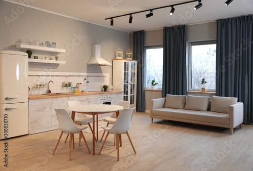 Modern kitchen interior with new stylish furniture photo