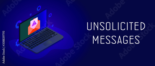 Isometric laptop with envelope icon and e-mail notification with unsolicited messages warning icon. Malware spreading and irrelevant spam mail message concept. Header or footer vector banner template