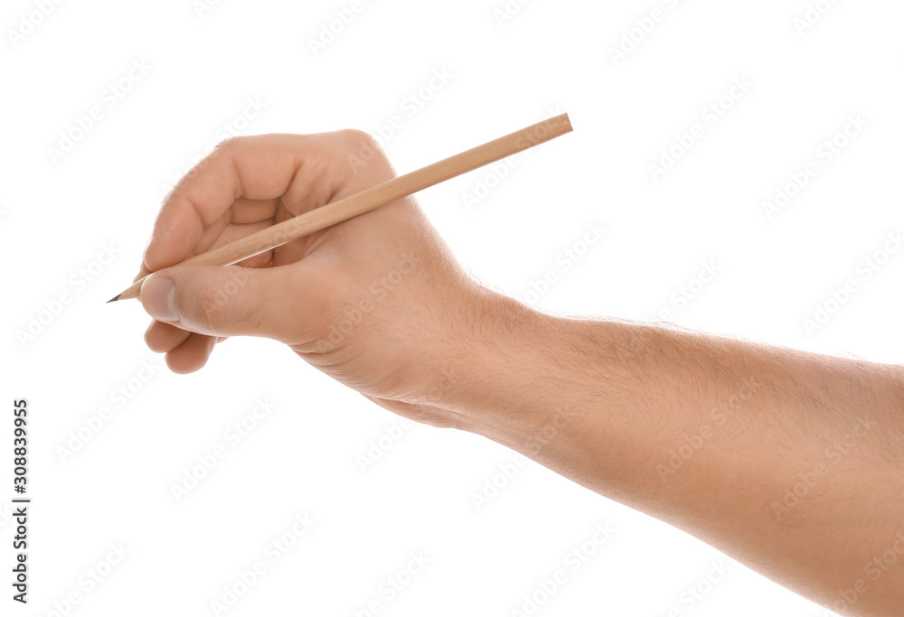 Man holding pencil on white background, closeup of hand Man holding pencil on white background, closeup of hand