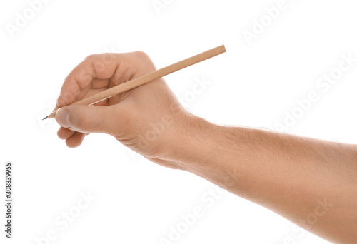 Man holding pencil on white background, closeup of hand