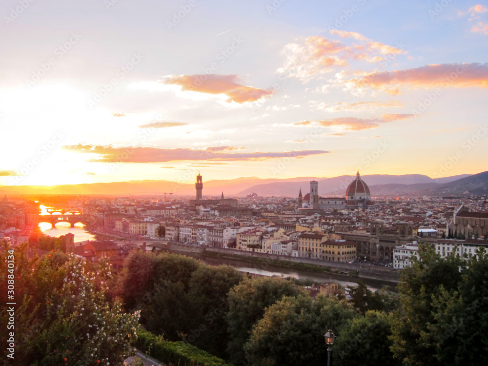 Beautiful panoramic view of the Florence Cathedral and the city of Florence from the Michelangelo Square, Italy.