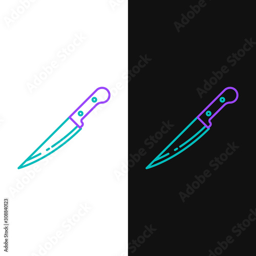 Green and purple line Knife icon isolated on white and black background. Cutlery symbol. Vector Illustration