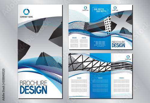 Business trifold brochure template (A4 to 3xDL format - 297x210mm) - modern office buildings/ skyscrapers, blue graphics