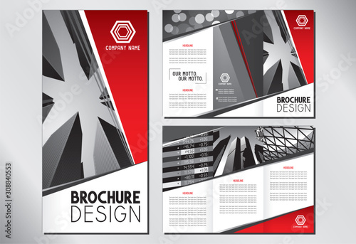 Business trifold brochure template (A4 to 3xDL format - 297x210mm) - modern office buildings/ skyscrapers, red graphics
