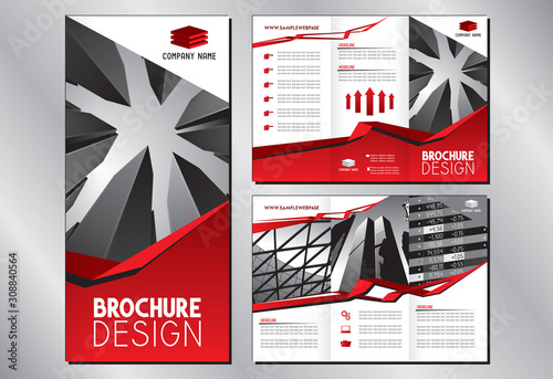 Business trifold brochure template (A4 to 3xDL format - 297x210mm) - modern office buildings/ skyscrapers, red graphics