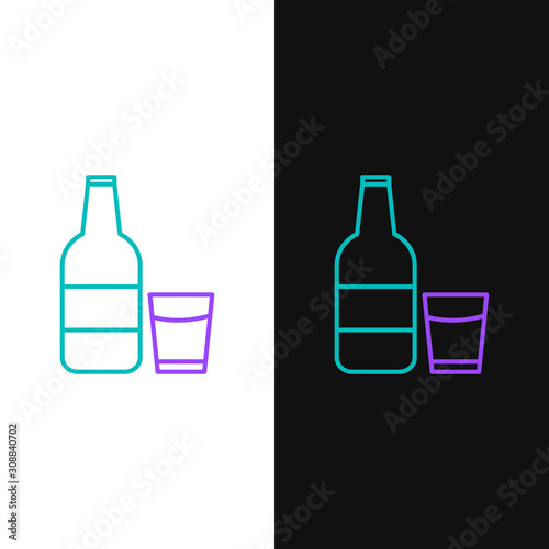Green and purple line Closed glass bottle with milk and glass icon isolated on white and black background. Vector Illustration