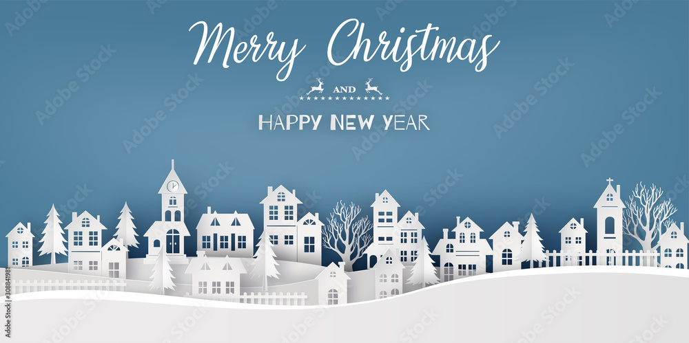 Bannière ou carte merry christmas -  happy new year – maisons sous la neige effet papier découpé - obrazy, fototapety, plakaty 