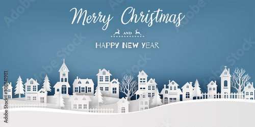 Bannière ou carte merry christmas -  happy new year – maisons sous la neige effet papier découpé photo