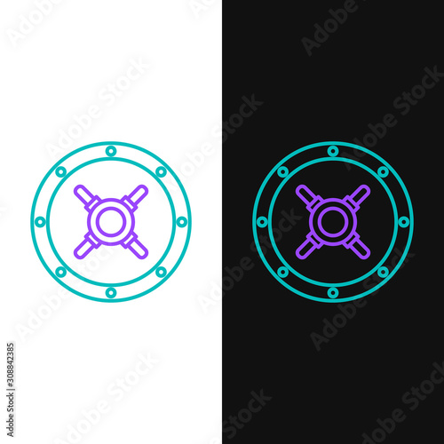 Green and purple line Safe icon isolated on white and black background. The door safe a bank vault with a combination lock. Reliable Data Protection. Vector Illustration