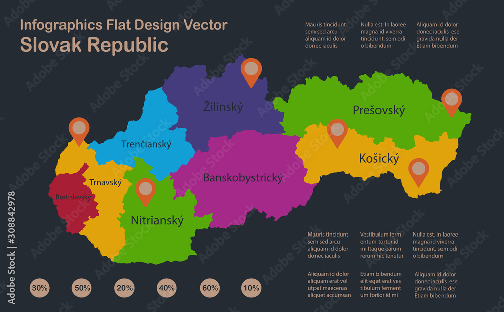 Fototapeta premium Infographics Slovak Republic map, flat design colors, Slovakia with names of individual administrative division, blue background with orange points vector