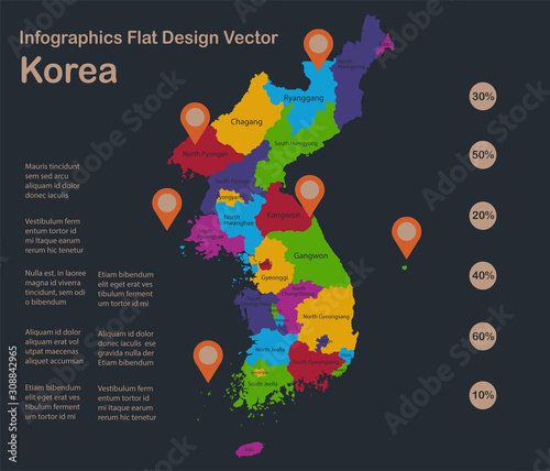 Infographics Korea Republic map, flat design colors, with names of individual administrative division, blue background with orange points vector