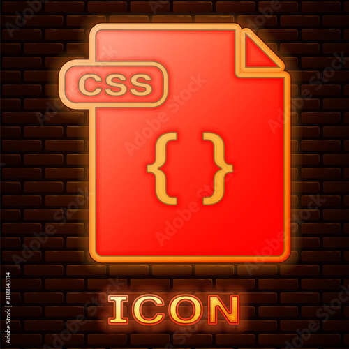 Glowing neon CSS file document. Download css button icon isolated on brick wall background. CSS file symbol. Vector Illustration