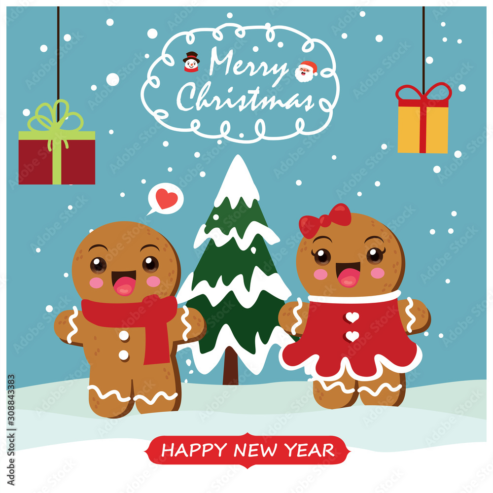Fototapeta premium Vintage Christmas poster design with vector gingerbread man, Santa Claus, snowman, reindeer, characters.