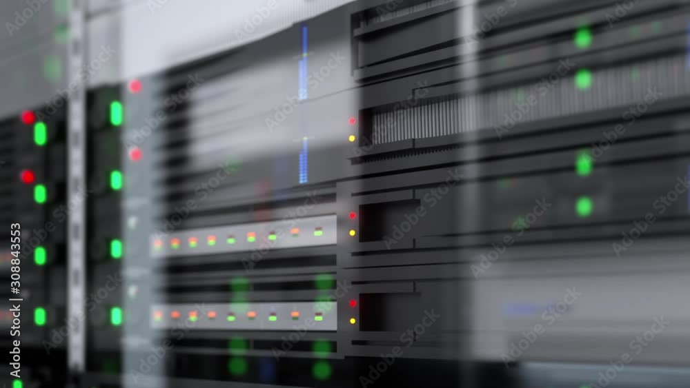 Slow tracking shot of server units in cloud service data center showing flickering light indicators for massive data connection bandwidth, close up shot. Slow tracking shot of server units in cloud service data center showing flickering light indicators for massive data connection bandwidth, close up shot.