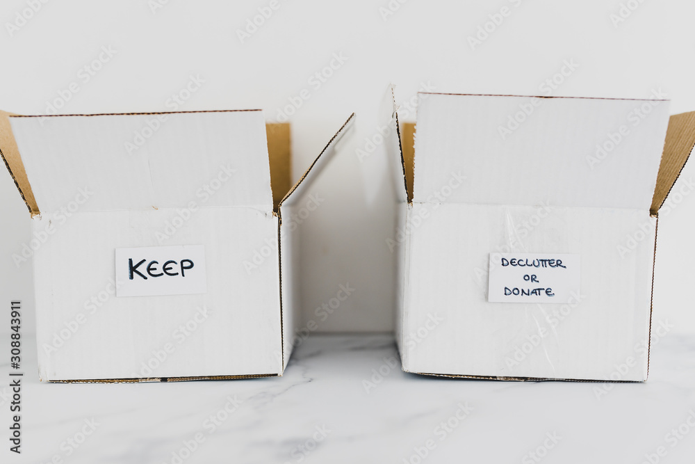 decluttering concept, storage boxes to sort between objects to keep and those to declutter or donate with labels - obrazy, fototapety, plakaty 