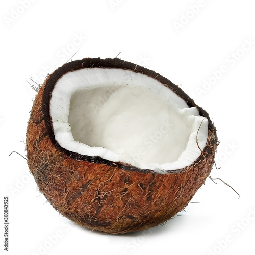 Broken coconut with pulp on a white background
