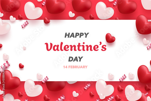 Happy Valentine's Day banner with Red and Pink luxury hearts, gifts box, ribbon and lovely elements. Valentine background design vector illustration.