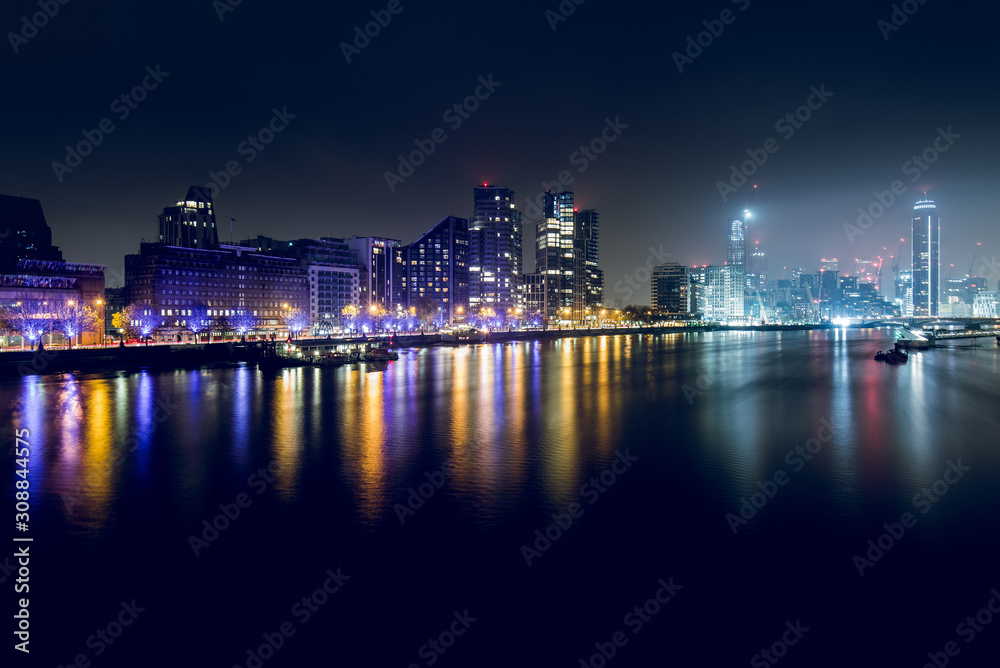 Night View of Buildings and Skyscrapers of West London, UK