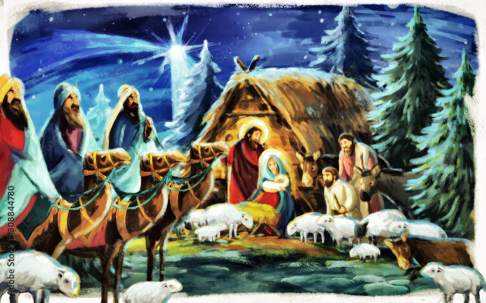 Fototapeta premium religious illustration three kings - and holy family - traditional scene - illustration for children