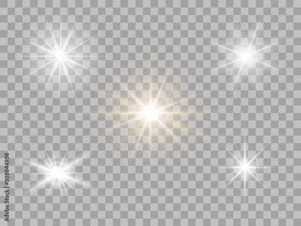 Set white light, flash. Bright star. Shimmering brilliance. Vector design elements isolated on a transparent Light background. Set white light, flash. Bright star. Shimmering brilliance. Vector design elements isolated on a transparent Light background.