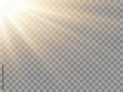 Yellow sun light, flash with soft diagonal rays. Vector design element, template on isolated transparent background.