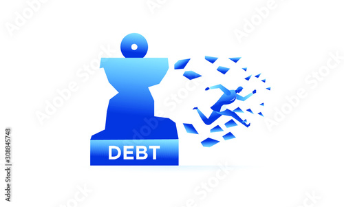 Businessman tries hard to escape with debt. Business work concept illustration about debt and credit. Vector illustration of a flat design