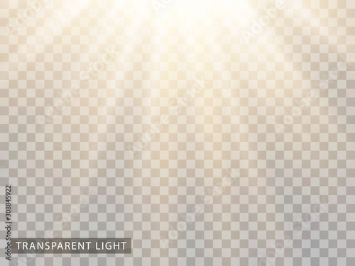 Light is bright white with yellow soft transparent rays. Vector pattern overlay on isolated background.