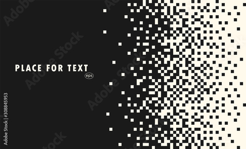 Illustration disintegrates or dissolves on the pixel pattern. Vector concept of technology. Place for text. Monochrome style. Isolated background. photo