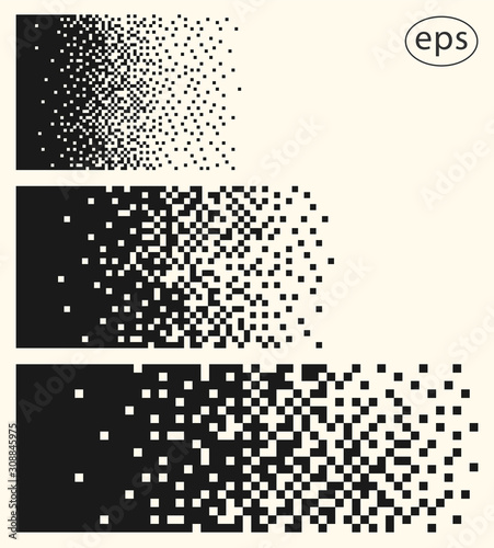Set illustrations of decaying, dissolving into many small squares, pixels. Vector templates isolated on light background.