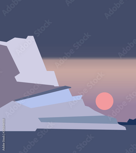 Abstract colorful landscape in minimalism art style. Beautiful sunset above the ocean with giant glacier and heavy dark blue sky.