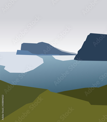 Fototapeta Naklejka Na Ścianę i Meble -  Abstract colorful landscape in minimalism art style. Beautiful ocean shore, green meadow and cold water covered by ice and glacier.