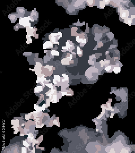 Abstract monochrome bush with flowers in pixel art style. Mosaic white plant with petals on black background.